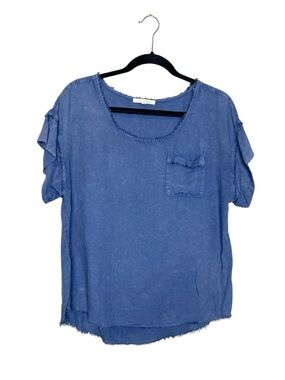 PURE + GOOD Anthopologie Blue frayed hem Linen Blend Boho Top size Small